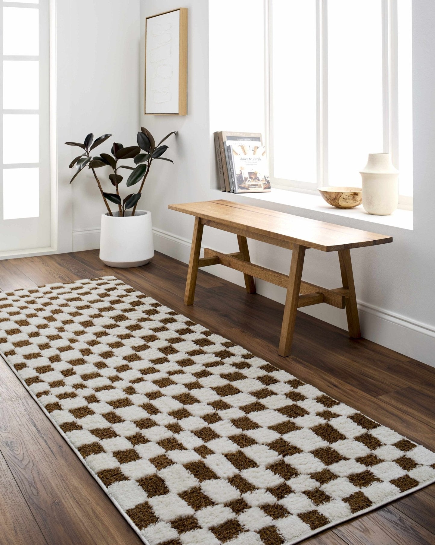 Lajos Brown Checkered Shag Rug - Quahog Bay Bedding