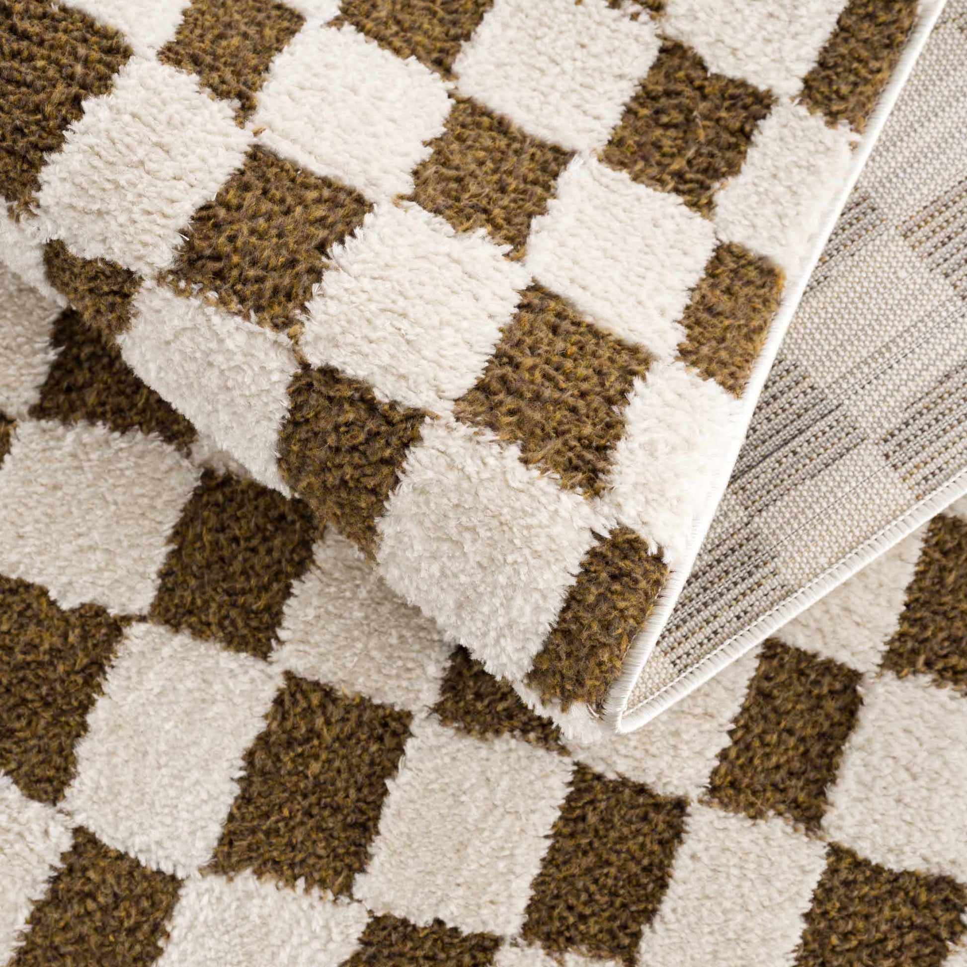 Lajos Brown Checkered Shag Rug - Quahog Bay Bedding