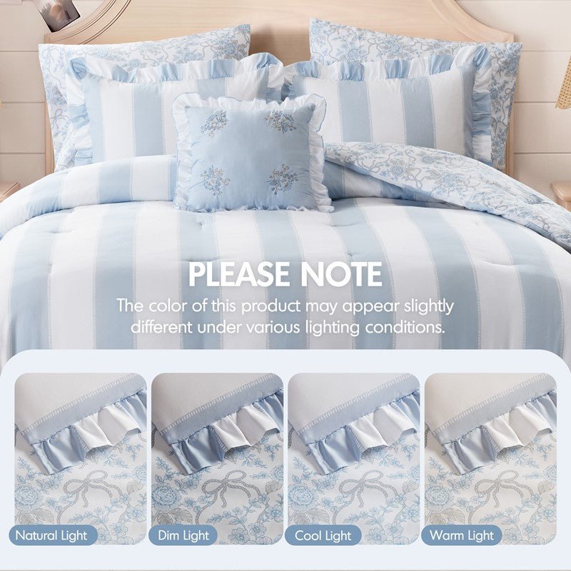 Lara Blue Cabana Stripe Reversible Comforter Set | Toile Floral Reverse - Quahog Bay Bedding