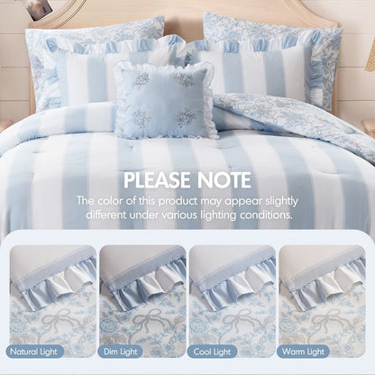Lara Blue Cabana Stripe Reversible Comforter Set | Toile Floral Reverse - Quahog Bay Bedding