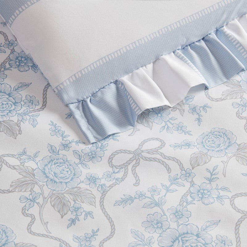 Lara Blue Cabana Stripe Reversible Comforter Set | Toile Floral Reverse - Quahog Bay Bedding