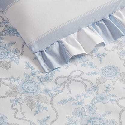 Lara Blue Cabana Stripe Reversible Comforter Set | Toile Floral Reverse - Quahog Bay Bedding