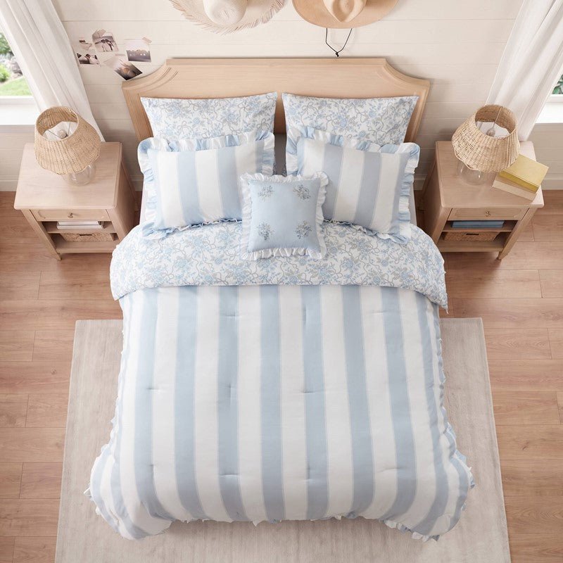 Lara Blue Cabana Stripe Reversible Comforter Set | Toile Floral Reverse - Quahog Bay Bedding