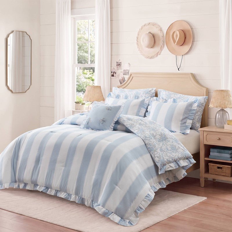 Lara Blue Cabana Stripe Reversible Comforter Set | Toile Floral Reverse - Quahog Bay Bedding