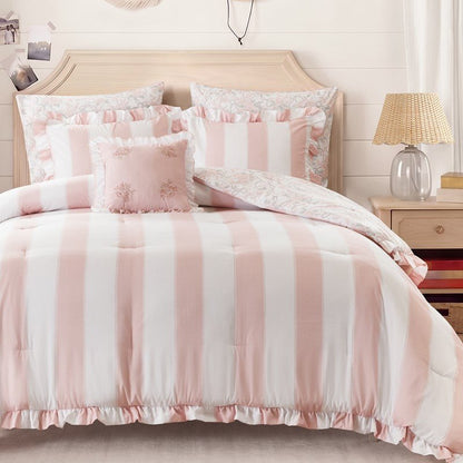 Lara Pink Cabana Stripe Reversible Comforter Set | Toile Floral Reverse - Quahog Bay Bedding