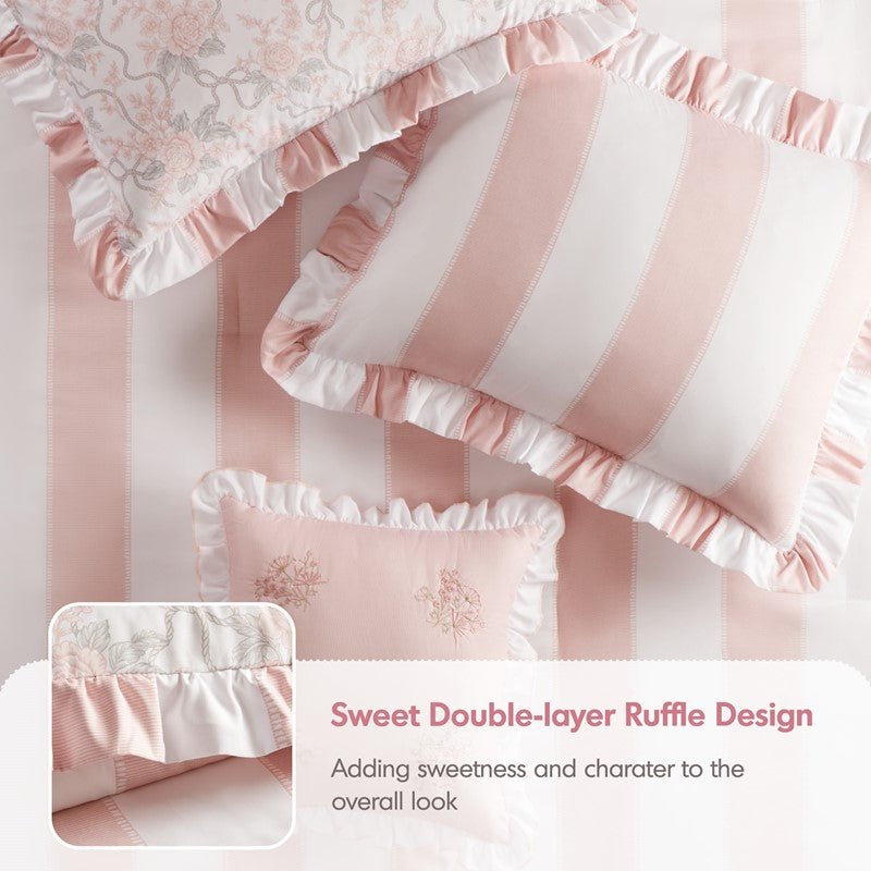 Lara Pink Cabana Stripe Reversible Comforter Set | Toile Floral Reverse - Quahog Bay Bedding