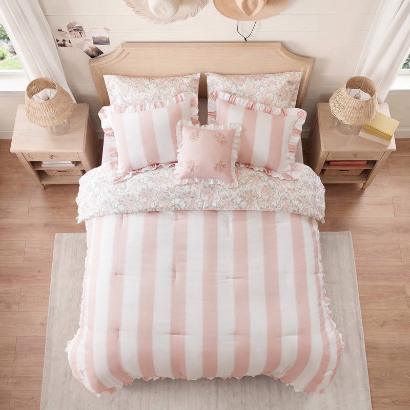 Lara Pink Cabana Stripe Reversible Comforter Set | Toile Floral Reverse - Quahog Bay Bedding