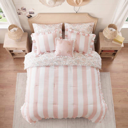 Lara Pink Cabana Stripe Reversible Comforter Set | Toile Floral Reverse - Quahog Bay Bedding