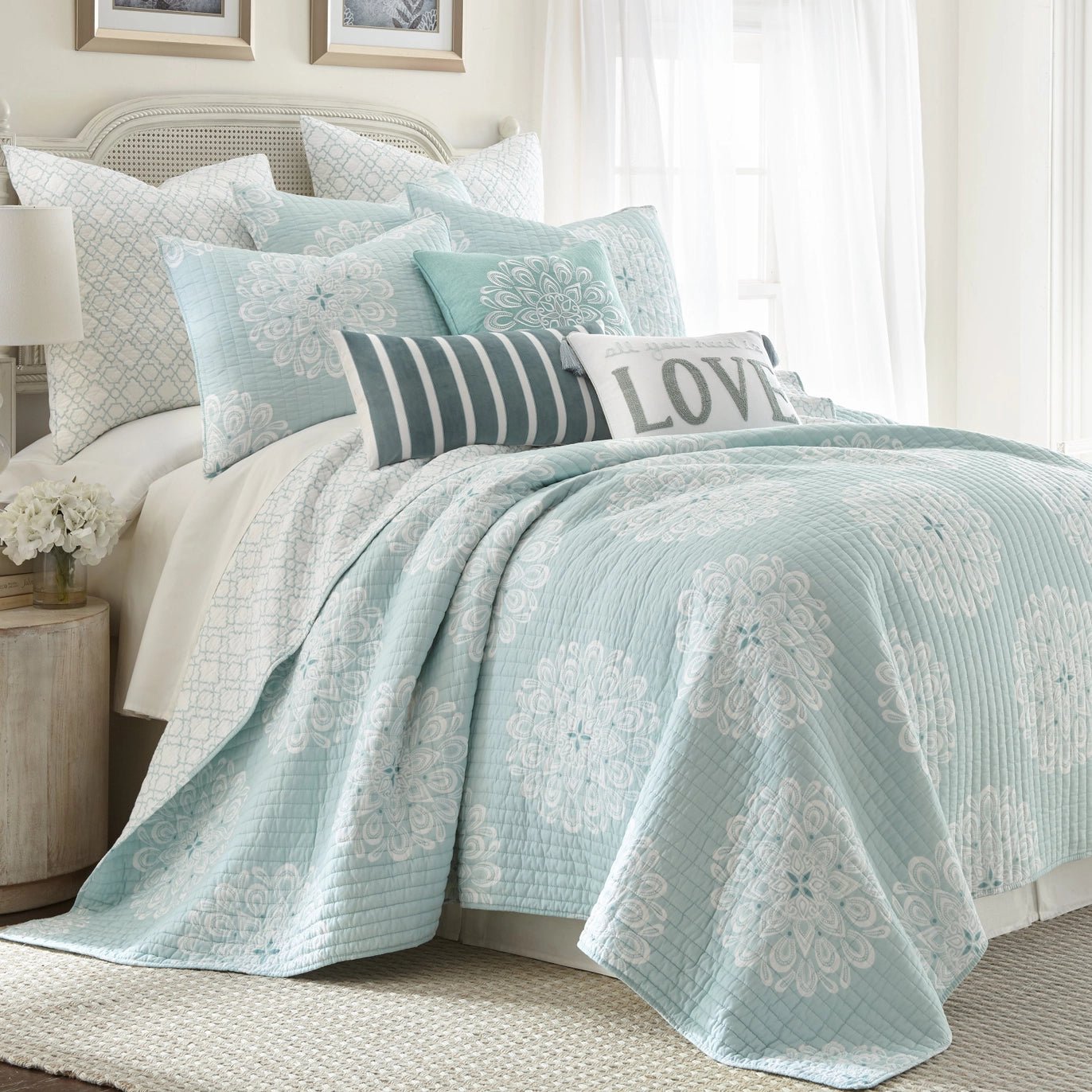 Lara Spa Quilt Set - Teal Hues - Beautiful Coastal Bedding Set - Quahog Bay Bedding
