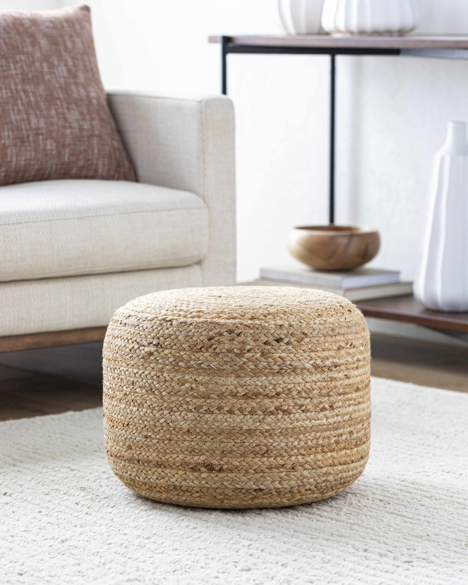 Lavertezzo Brick Red Knitted Beige Cotton Pouf - Quahog Bay Bedding