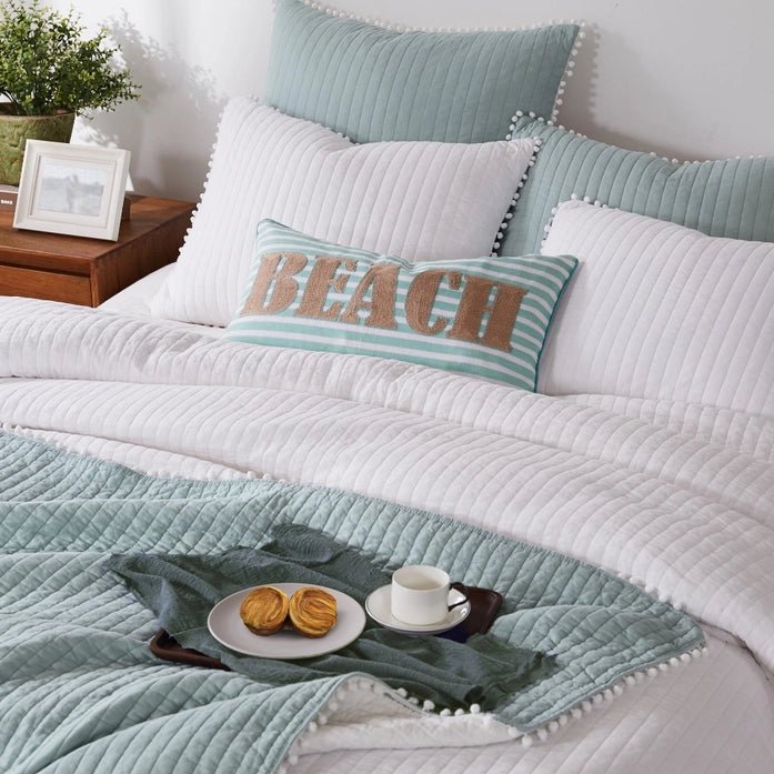 LevTex Beautiful Pom Pom Quilt Set - Blue - Quahog Bay Bedding