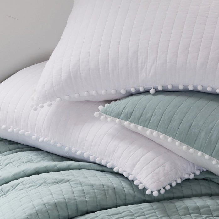 LevTex Beautiful Pom Pom Quilt Set - Blue - Quahog Bay Bedding