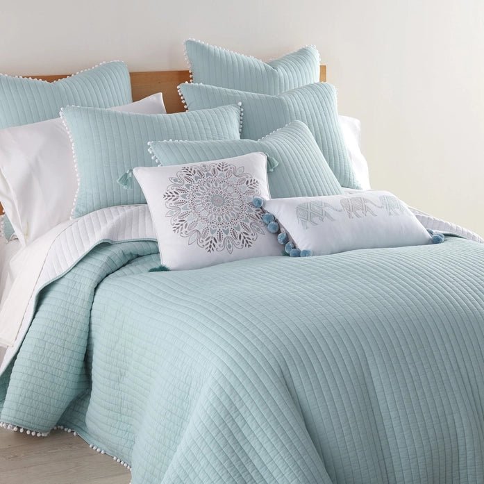 LevTex Beautiful Pom Pom Quilt Set - Blue - Quahog Bay Bedding