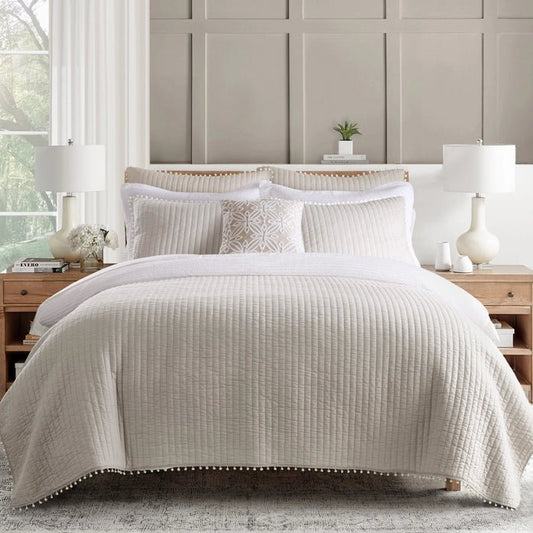 LevTex Beautiful Pom Pom Quilt Set - Natural - Quahog Bay Bedding