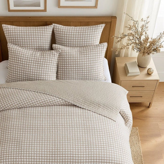 LevTex Camden Gingham Stitch Quilt Set - Taupe - Quahog Bay Bedding