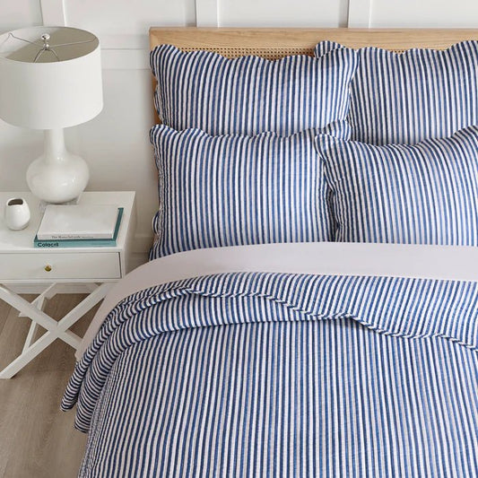Levtex Martha Stripe Blue 3 - Piece Cotton Nautical Quilt Set - Navy - Quahog Bay Bedding