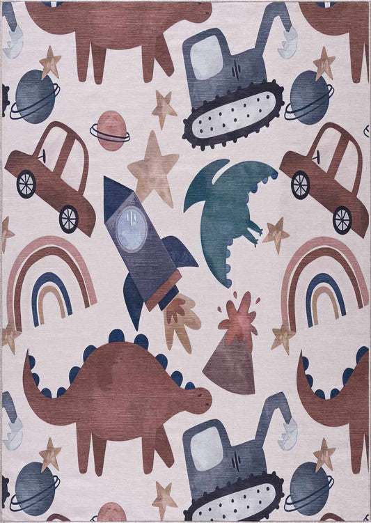 Libra Washable Kids Rug - Dinosaur rocket car rainbow - Quahog Bay Bedding