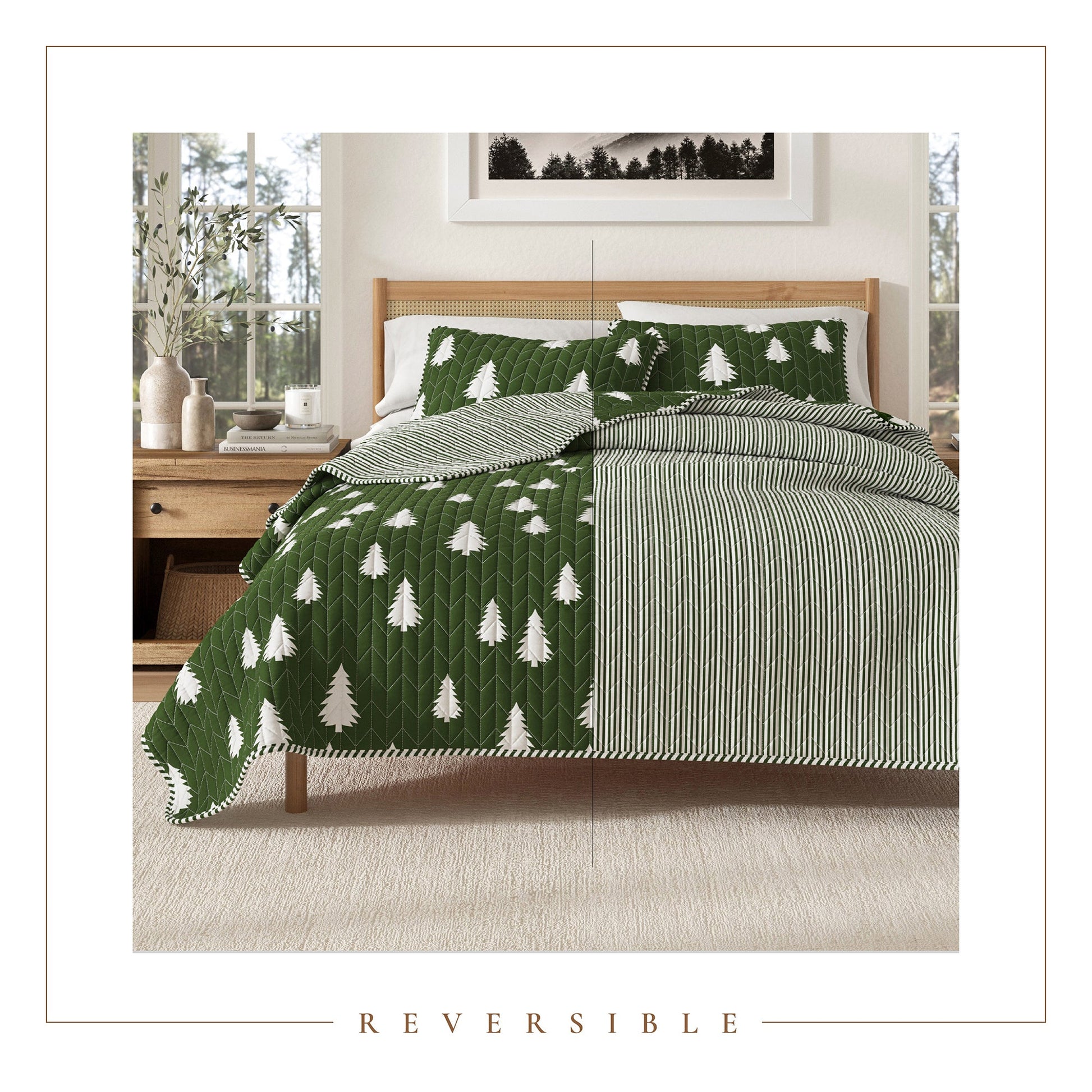 Lodge Printed Quilt - Olive Green With Tree Outlines - Fall & Holiday Themed Bedding - Quahog Bay Bedding