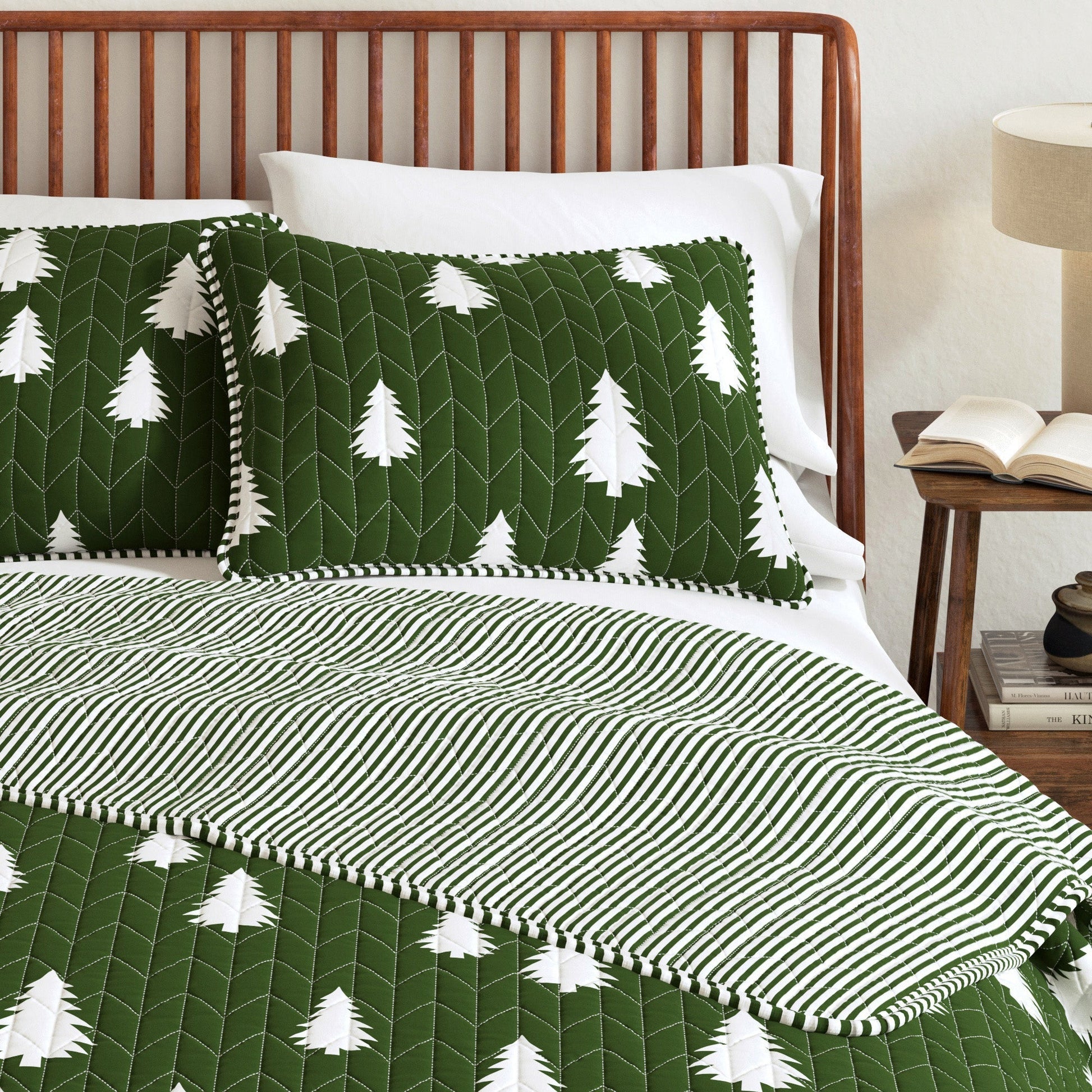 Lodge Printed Quilt - Olive Green With Tree Outlines - Fall & Holiday Themed Bedding - Quahog Bay Bedding
