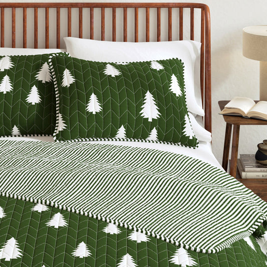 Lodge Printed Quilt - Olive Green With Tree Outlines - Fall & Holiday Themed Bedding - Quahog Bay Bedding