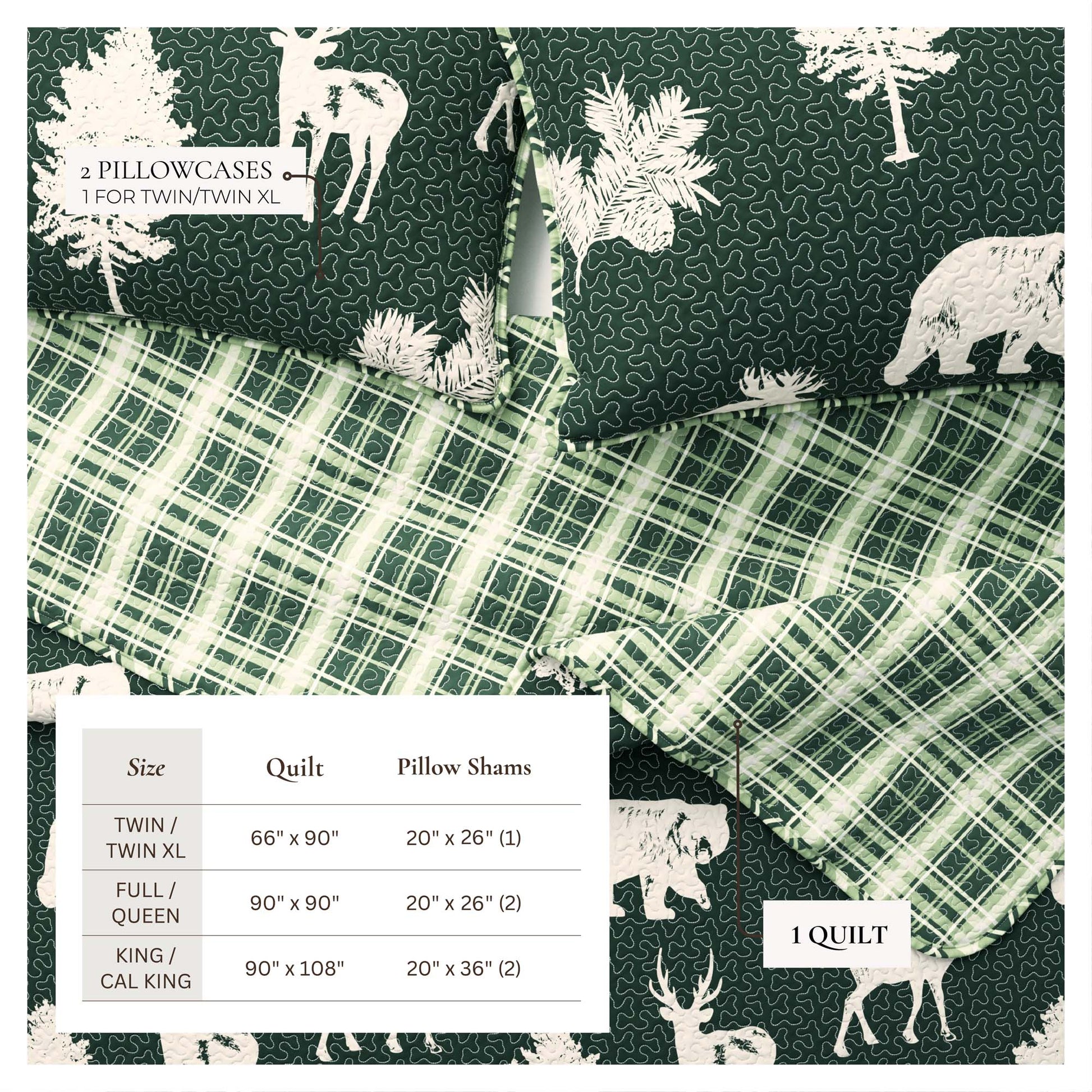 Lodge Quilt - Green With Deer, Moose, Trees - Fall Themed Bedding - Quahog Bay Bedding