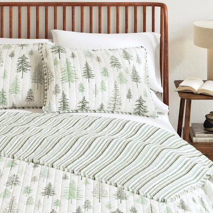 Lodge Quilt - White With Evergreen Trees - Fall & Christmas Themed Bedding - Quahog Bay Bedding