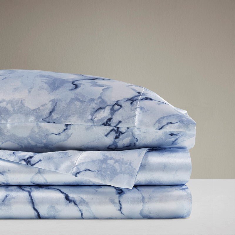 Luxurious And Elegant Printed Satin Sheet Sets - Blue Marble Print - Quahog Bay Bedding