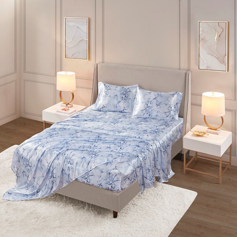Luxurious And Elegant Printed Satin Sheet Sets - Blue Marble Print - Quahog Bay Bedding