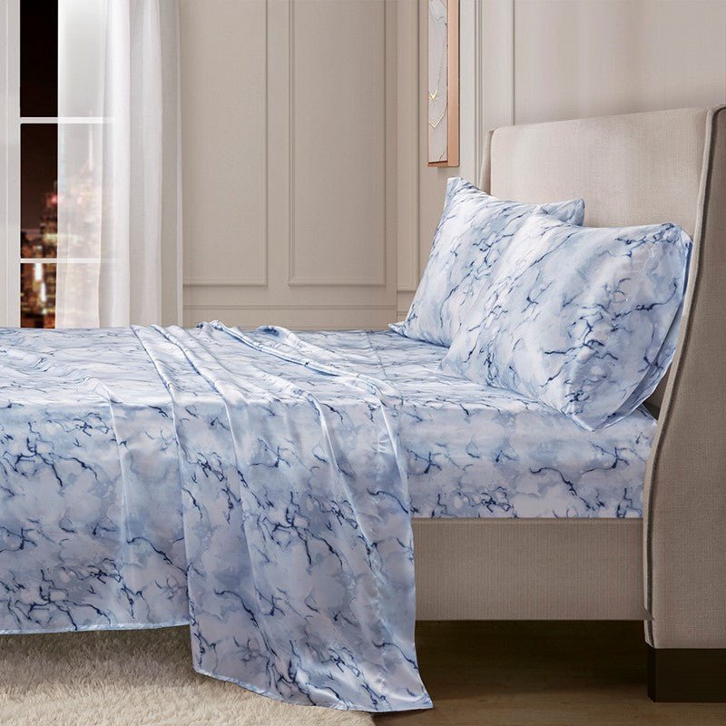 Luxurious And Elegant Printed Satin Sheet Sets - Blue Marble Print - Quahog Bay Bedding