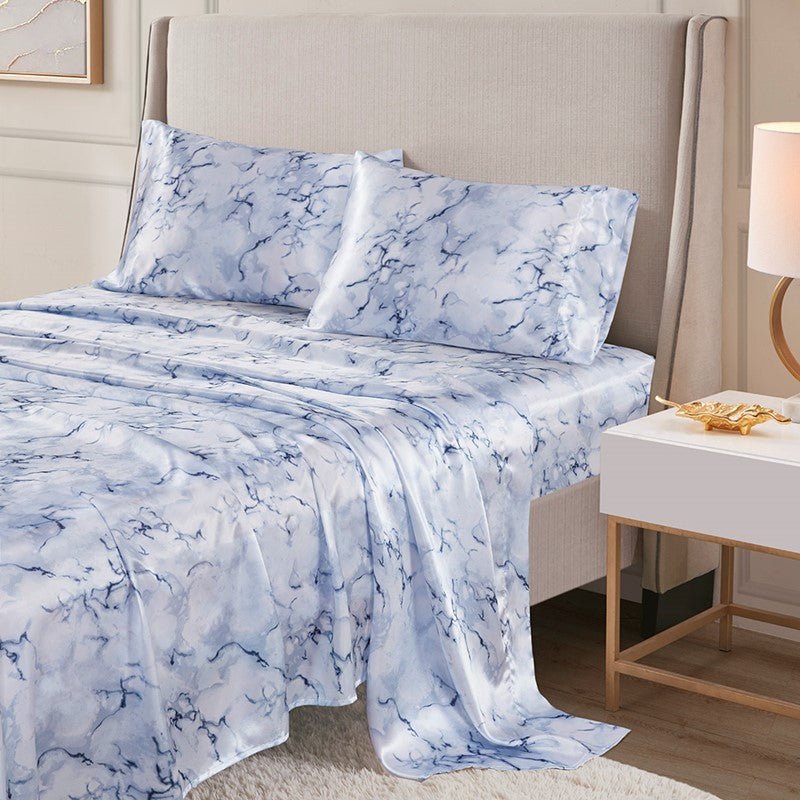 Luxurious And Elegant Printed Satin Sheet Sets - Blue Marble Print - Quahog Bay Bedding