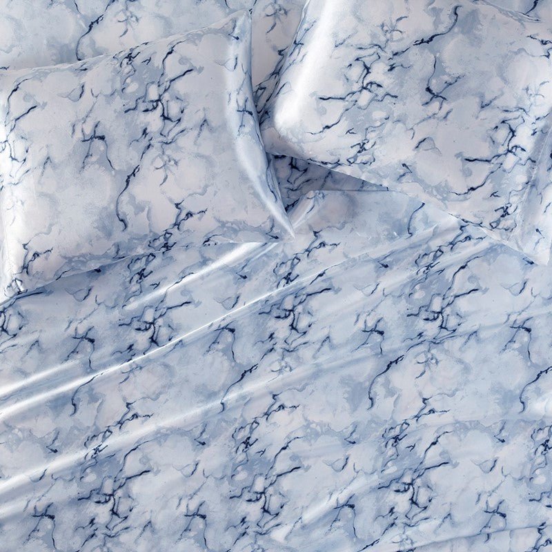 Luxurious And Elegant Printed Satin Sheet Sets - Blue Marble Print - Quahog Bay Bedding