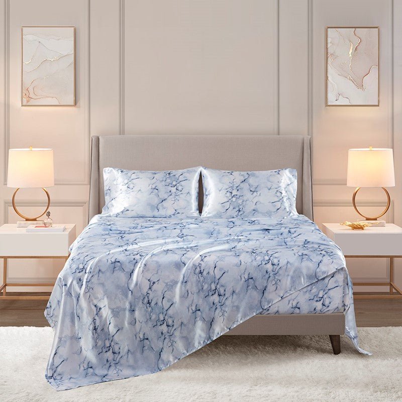 Luxurious And Elegant Printed Satin Sheet Sets - Blue Marble Print - Quahog Bay Bedding