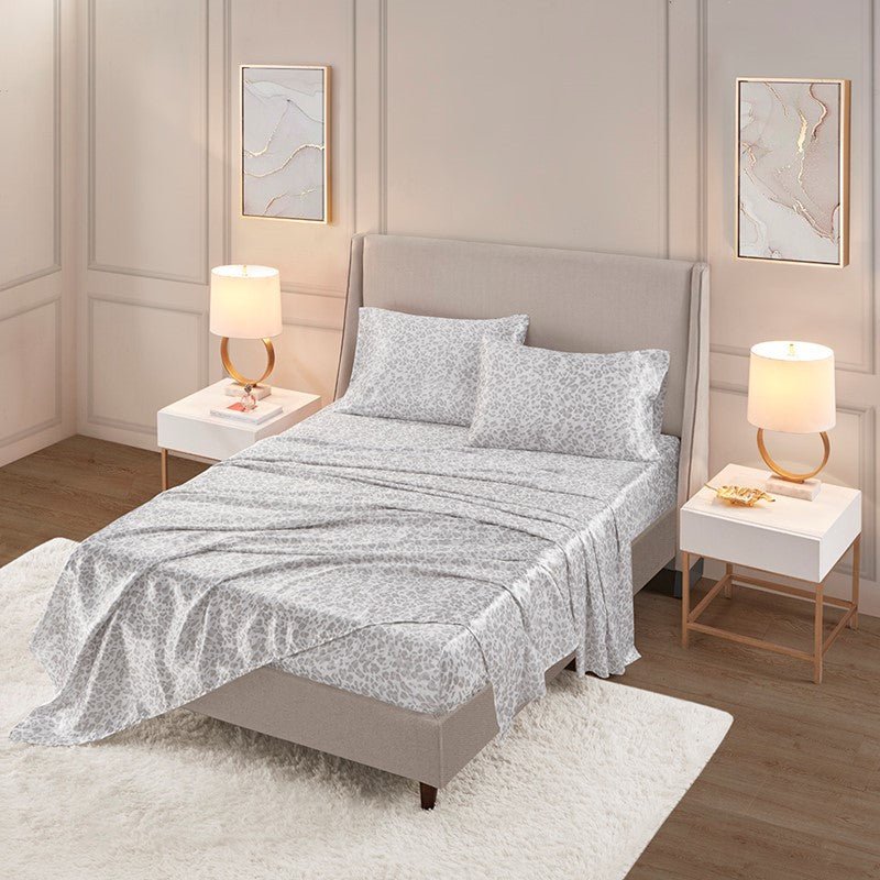 Luxurious And Elegant Printed Satin Sheet Sets - Grey Leopard Print - Quahog Bay Bedding