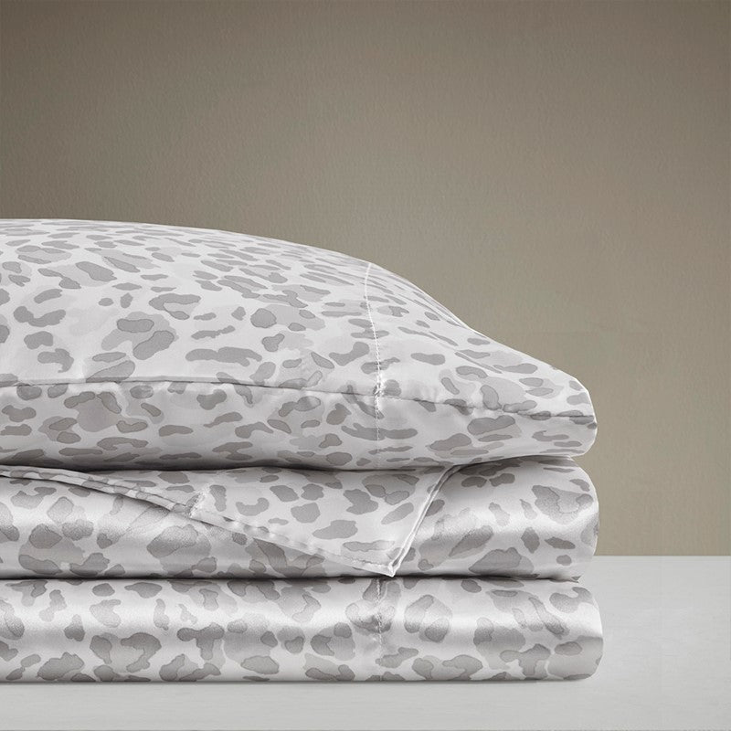 Luxurious And Elegant Printed Satin Sheet Sets - Grey Leopard Print - Quahog Bay Bedding