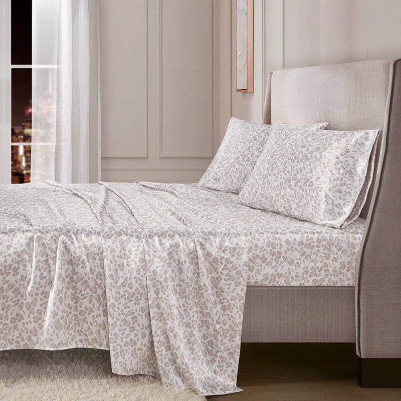 Luxurious And Elegant Printed Satin Sheet Sets - Taupe Leopard Print - Quahog Bay Bedding