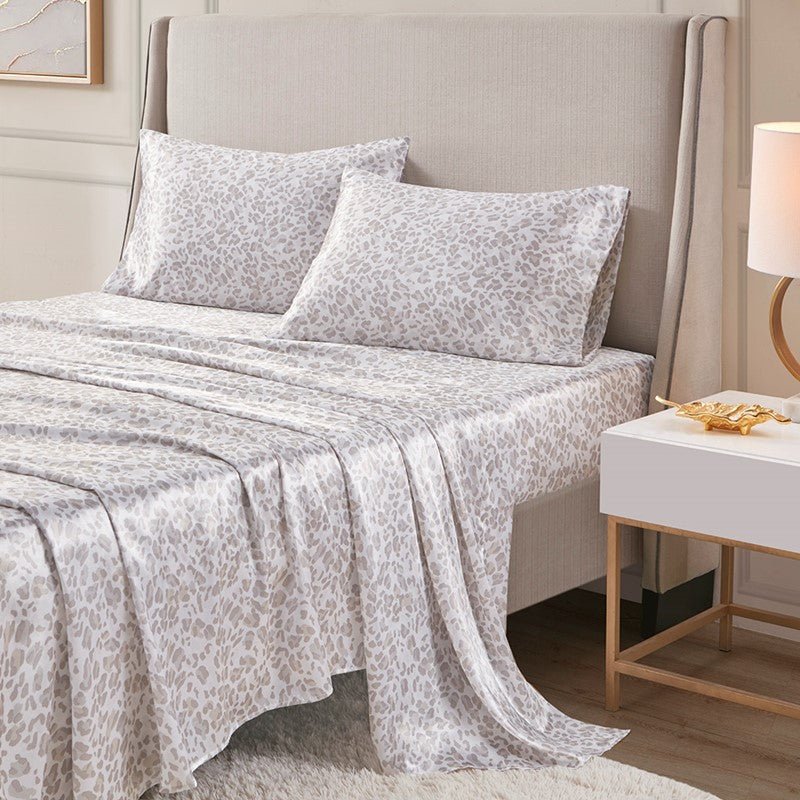 Luxurious And Elegant Printed Satin Sheet Sets - Taupe Leopard Print - Quahog Bay Bedding