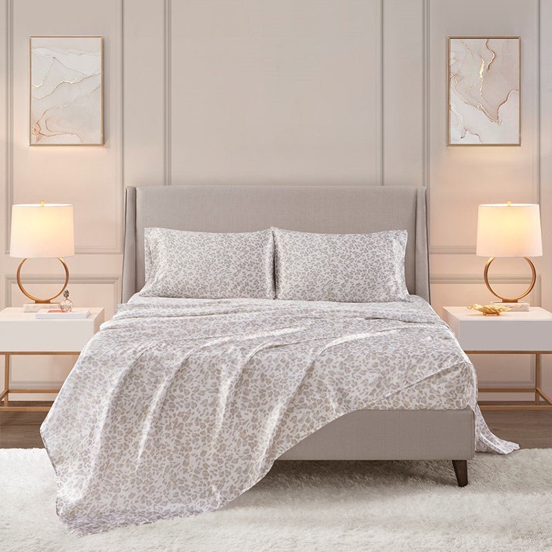 Luxurious And Elegant Printed Satin Sheet Sets - Taupe Leopard Print - Quahog Bay Bedding