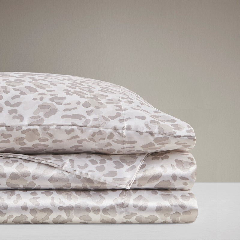 Luxurious And Elegant Printed Satin Sheet Sets - Taupe Leopard Print - Quahog Bay Bedding