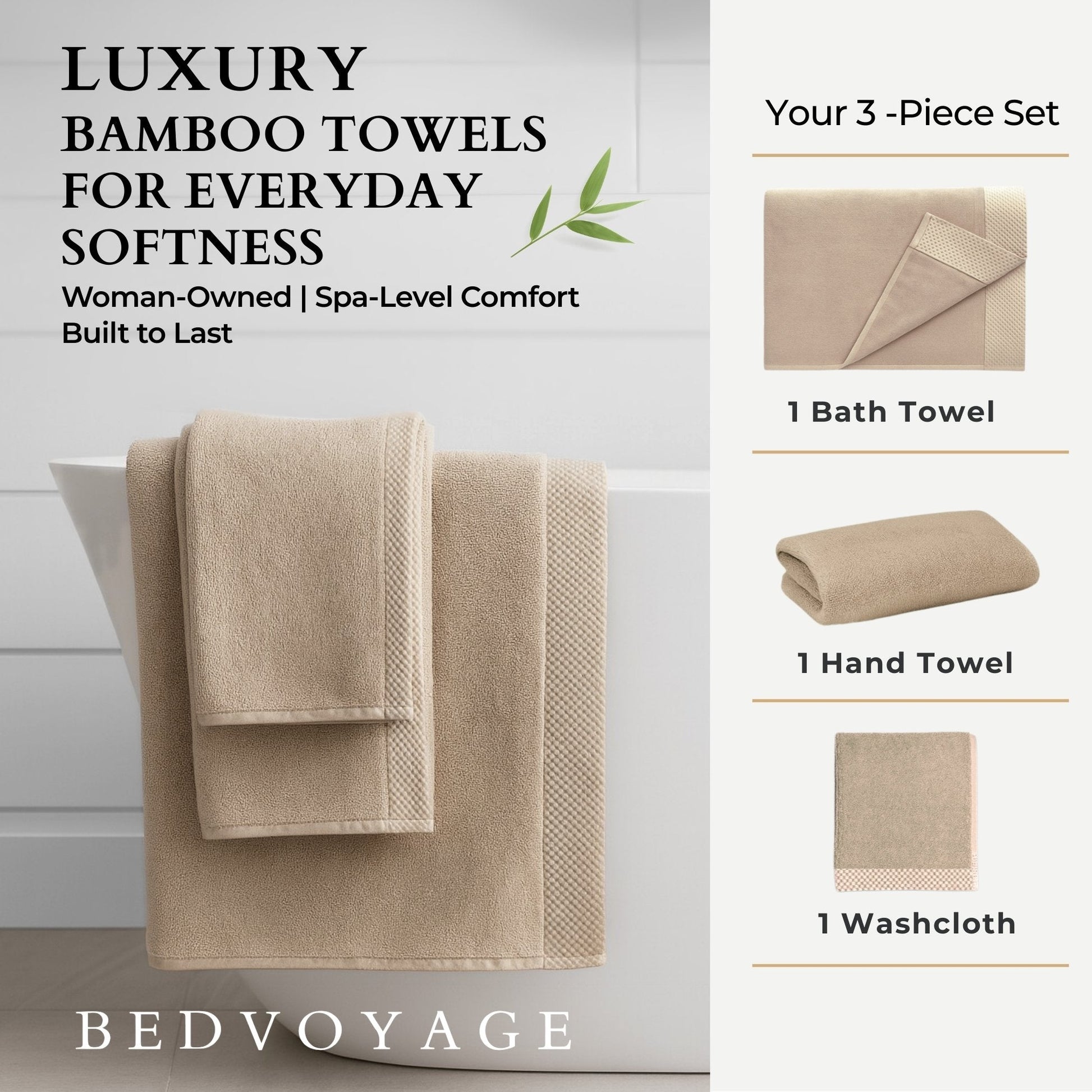 Luxury Bamboo 3 Piece Towel Set - Champagne - Quahog Bay Bedding