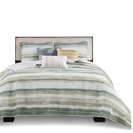Queen Beach Quilt Set -  Marina Yellow And Grey Hues 6PC - Beach Themed Bedding Set