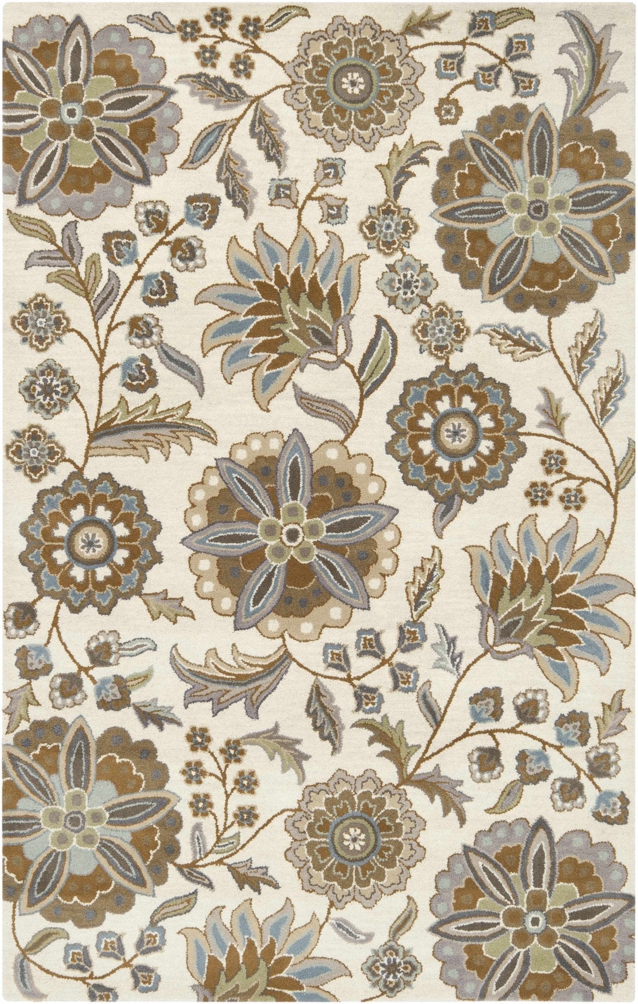 Mack Denim, Tan & Sky Blue Floral Wool Area Carpet - Quahog Bay Bedding
