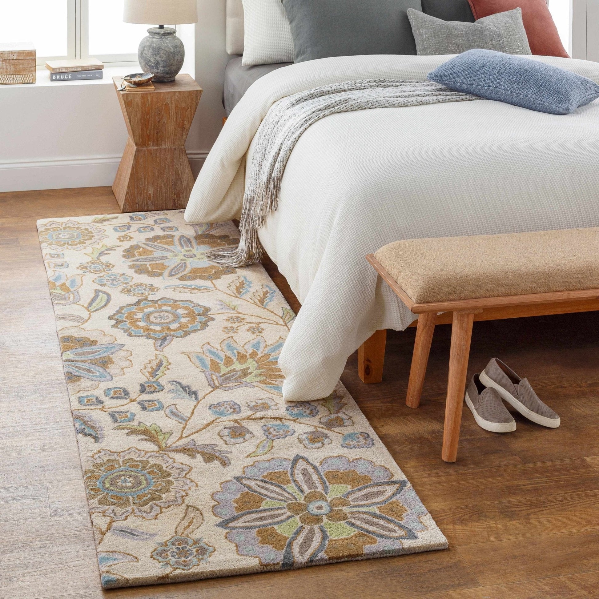 Mack Denim, Tan & Sky Blue Floral Wool Area Carpet - Quahog Bay Bedding