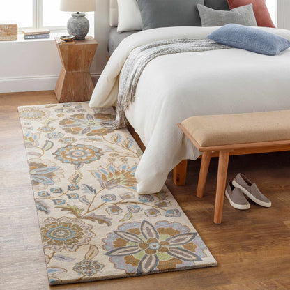 Mack Denim, Tan & Sky Blue Floral Wool Area Carpet - Quahog Bay Bedding