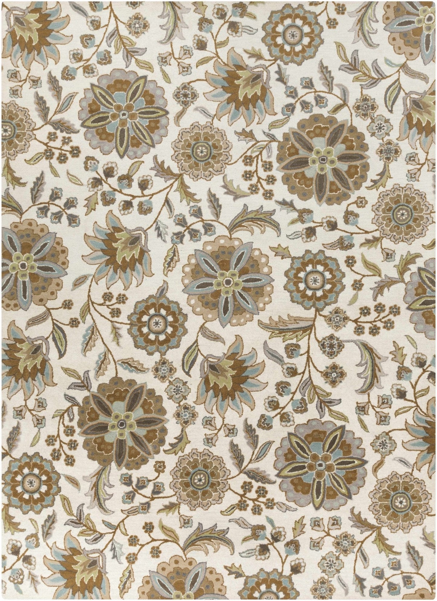 Mack Denim, Tan & Sky Blue Floral Wool Area Carpet - Quahog Bay Bedding