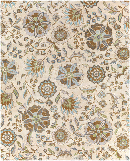 Mack Denim, Tan & Sky Blue Floral Wool Area Carpet - Quahog Bay Bedding