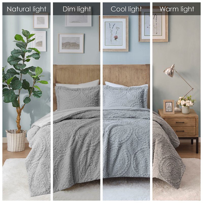 Madison Park Arya Embroidered Medallion Comforter Set 3PC Mini Set - Grey - Quahog Bay Bedding