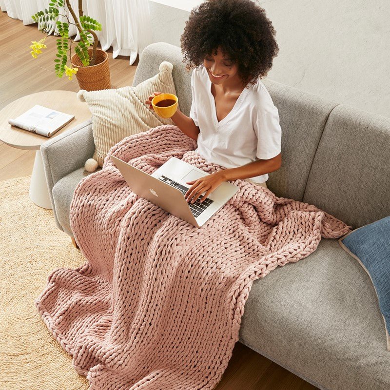 Madison Park Chunky Double Knit Handmade Throw Blanket - Blush - Quahog Bay Bedding