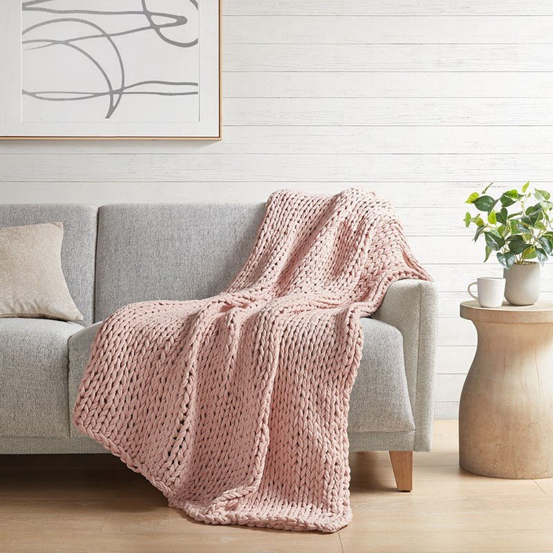Madison Park Chunky Double Knit Handmade Throw Blanket - Blush - Quahog Bay Bedding