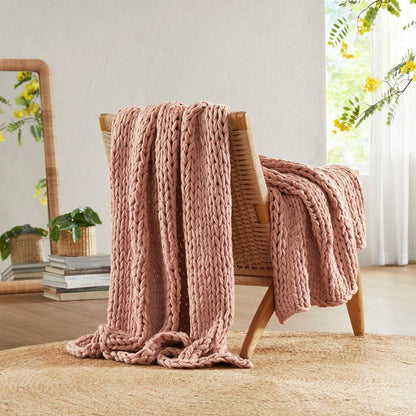 Madison Park Chunky Double Knit Handmade Throw Blanket - Blush - Quahog Bay Bedding