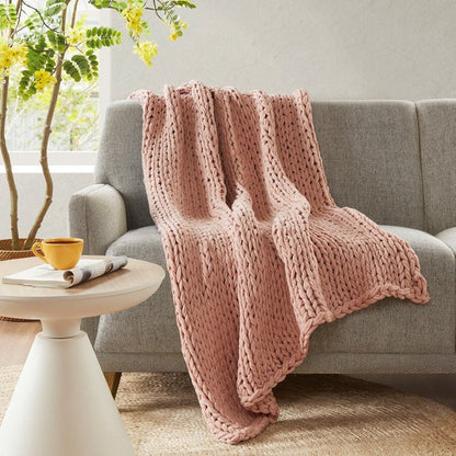 Madison Park Chunky Double Knit Handmade Throw Blanket - Blush - Quahog Bay Bedding